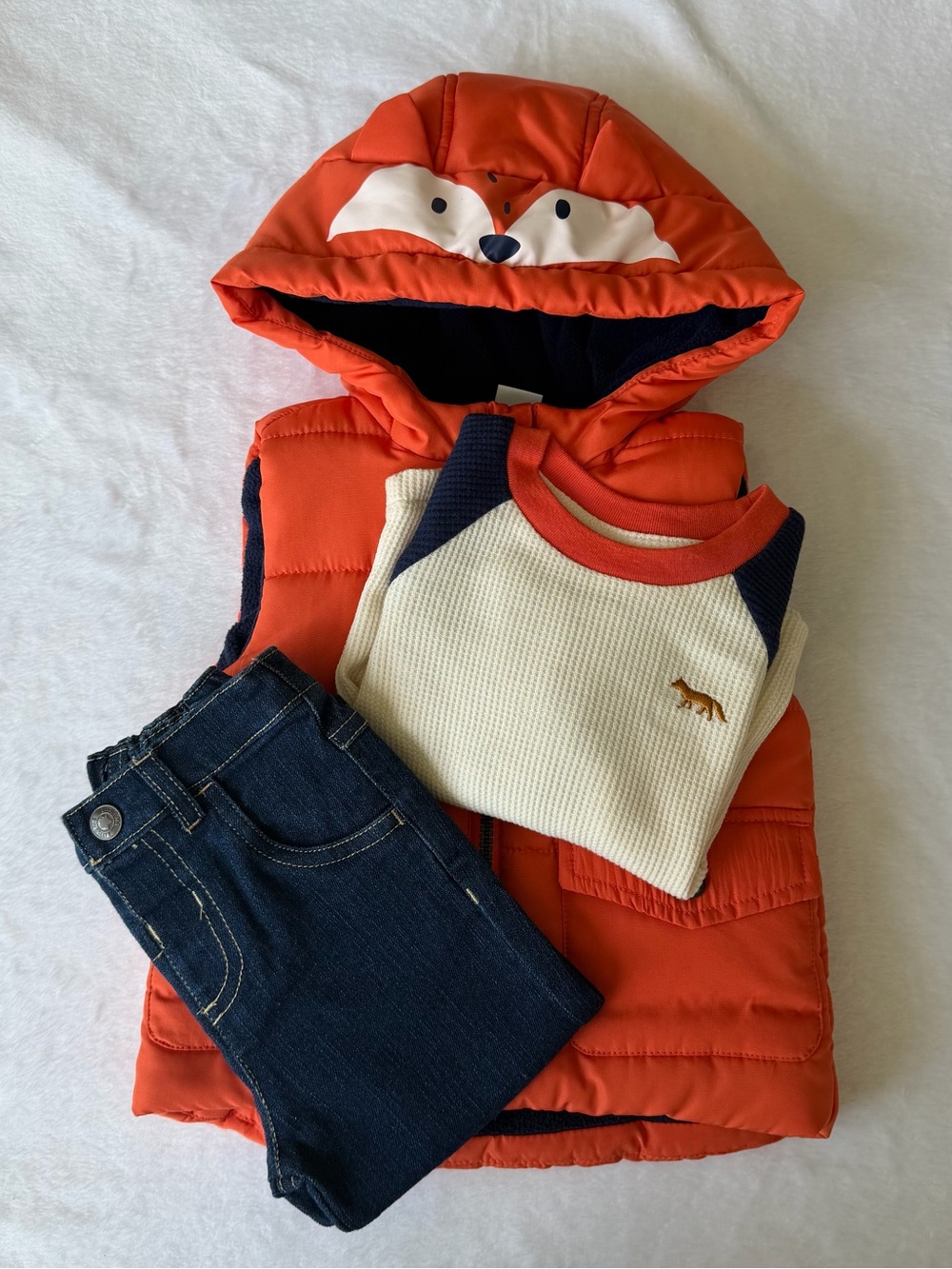 Little Me Orange Fox Hooded Puffer Vest with waffle top and jeans - 12 months